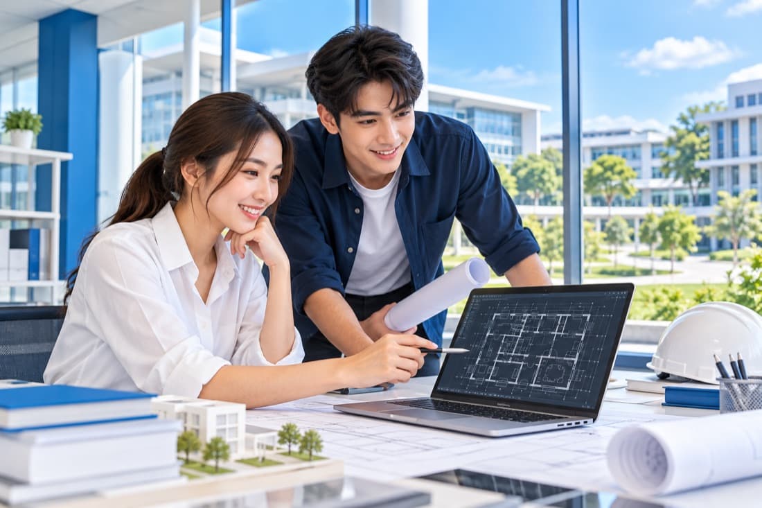 วิศวกรจบใหม่สองคนกำลังดูแบบ CAD บนแล็ปท็อป